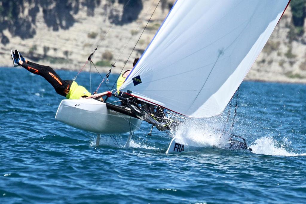 Gold Medalists - Mourniac and Dorange (FRA) ham it up just before the finish - Nacra 15- Aon Youth Worlds 2016, Torbay, Auckland, New Zealand, Day 5, December 19, 2016 © Richard Gladwell www.photosport.co.nz